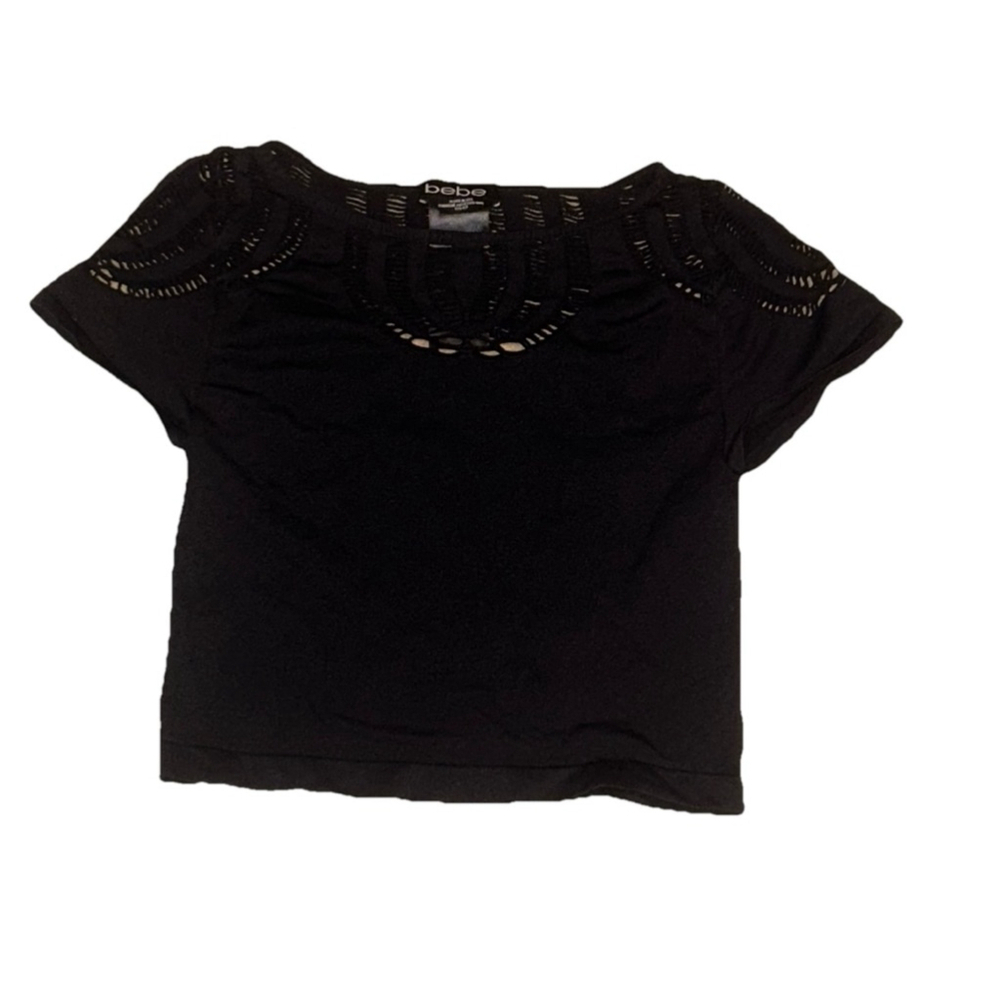 Women’s Black Mesh Short Sleeve Bebe Crop Top Size P/S